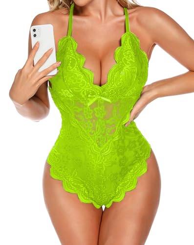 Aranmei Ensembles de Lingerie Sexy pour Femmes Bodys en Dentelle Nuisettes Bodys Femme Vert Fluo L