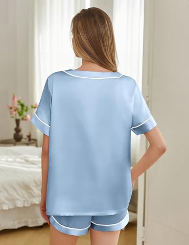 Image of Silk Pajamas for Women Short Sleeve Satin 2 Piece Pj Set Soft V Neck Sleepwear Loungewear, S-XXL