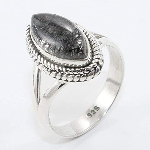Size 7 Black Rutile in Clear Quartz Ring Oval Stamped 925 Sterling