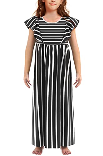 Pinkbeautim Big Girls Maxi Dress,Little Girl Long Dresses With Pockets Black Stripe Short Sleeve Size 14 #TOP14
