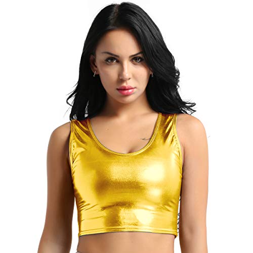 Freebily Tank Crop Top Brillo de Metálico Sexy para Mujer Bustier Camiseta Corta Danza Sexy Chaleco Elástico Tankini Top de Baño Noche Mujer Dorado One Size