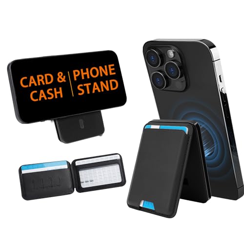 Image of Men's Magnetic Leather Wallet, MagSafe RFID Card Holder with Stand Black | magsafe phone holder wallet