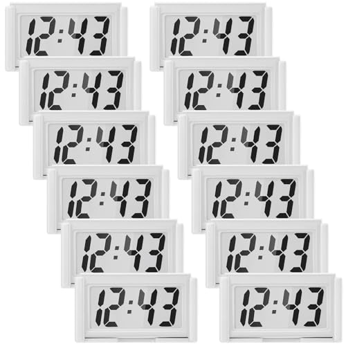 Image of Frienda 12 Pieces Mini Digital Clock Small Digital Clock Stick on Battery Operated Self Adhesive Bracket for Car Dashboard Fridge (White)