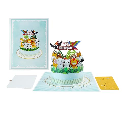 CAVOADO® Geburtstagskarte für Kinder mit 3D Pop-up Jungle Tieren – Faltbare Tiermotiv Karte, Lustige Glückwunschkarte zum Kindergeburtstag – Inkl. Umschlag