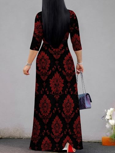 Image of Women's V Neck Floral Maxi Dress 3 /4 Sleeve Plus Size Boho Wrap Flowy Long Dresses with Belt