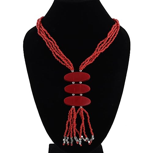 Shop Lc Red Coral Seed Gemstone Beads 3 Strand Tassels Big Chunky Choker Beaded Necklace For Women Size 22" Birthday Gifts #TOP2