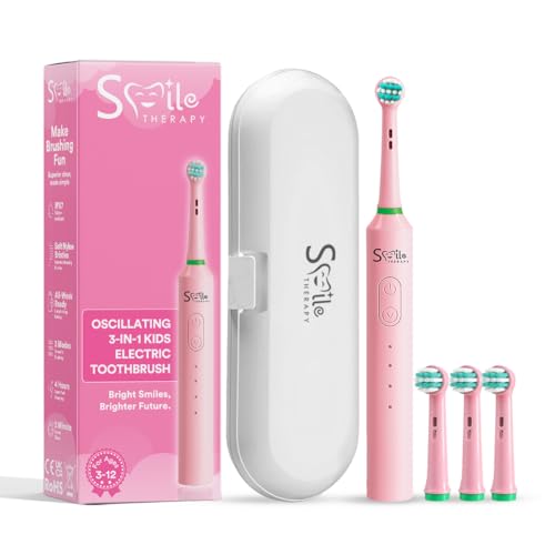 SMILE THERAPY Childrens Electric Toothbrush 312 Rechargeable Kids Electric Toothbrush with 2-Min Timer & 30s Quad Alerts Soft Bristles Quiet Motor USB-C Travel Case & Stickers