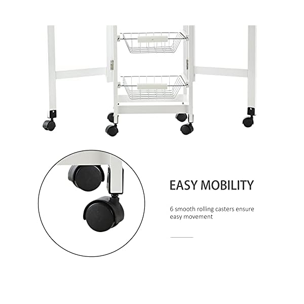 HOMCOM Drop-Leaf Kitchen Cart Trolley w/ 3 Baskets Drawer Surface Top 6 Universal Wheels Rolling Storage Unit Kitchen Home Dining Island White Oak Tone - Image 6