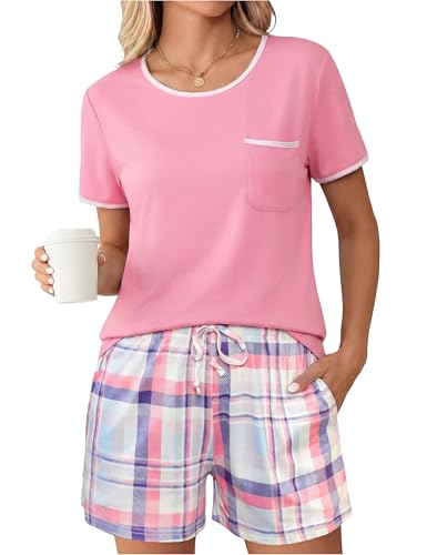 Uniexcosm Kurzer Schlafanzug Damen Sommer Zweiteiler Pyjama Set Baumwolle Nachtwäsche Rundhals Oberteil und Kariert Schlafshort Sleepwear für Frauen Rosa-1 M