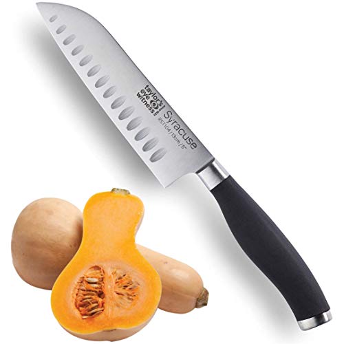 Taylors Eye Witness Syracuse Oriental Santoku Kitchen Knife - Professional 13cm/5 Inch Cutting Edge, Multi Use. Ultra Fine Dimpled, Razor Sharp Blade. Soft Textured Grip Matte Black Handle.