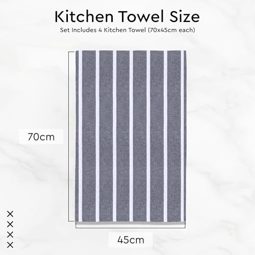 Image of Encasa XO Kitchen Towels Cotton Pack of 4 | 70x45 cm, Roma Grey Stripes - Dish Cloths | Highly Absorbent Cleaning & Wiping Cloths for Kitchen | Reusable Tea Towels