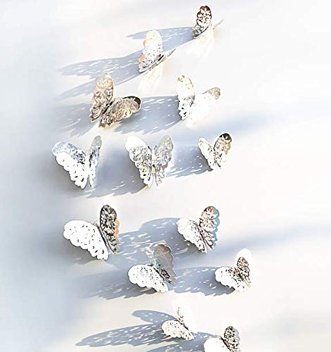 12 pegatinas de pared de mariposa 3D plateadas para decoración de la habitación del hogar (plata - 1)