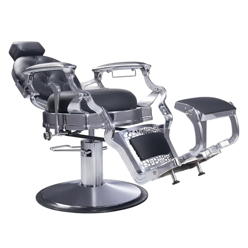 Image of Vintage Aluminum Barber Chair for Hair Stylist, Heavy Duty Barber Chair for Barbershop,Hydraulic Reclining Hair Salon Chair, 360 Degree Swivel for Tattoo Massage (Silver)