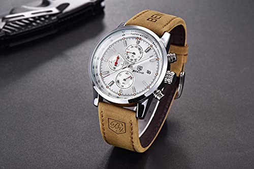BENYAR Herrenuhr Braun Leder Strap Chronograph Quarz Uhr MĂ€nner Datum Kalender Wasserdicht Armbanduhr Herren Sport mit Blau/Schwarz Zifferblatt Elegantes Geschenk â Bild 4