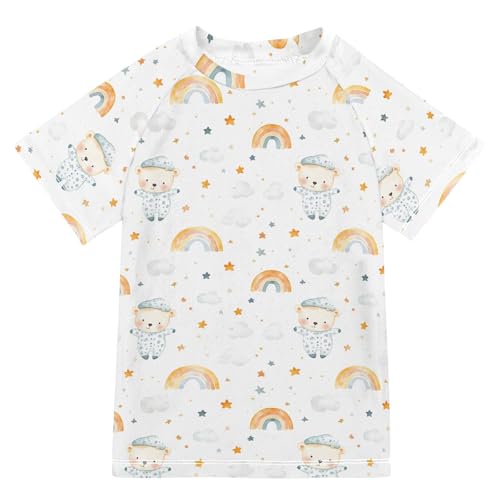 ALAZA Boys Rash Guard Swimming Shirt for Boys Short Sleeve Bear Rainbow Print UPF 50+ 5-6T
