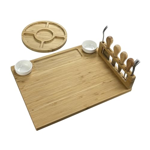 LUMAI Kit Tábua Grande Para Queijos e Frios de Bambu Premium Polimento Duplo + Petisqueira - Suporte Magnético - Tabua para Servir de 40cm x 29,5cm - Qualidade para Receber em Casa Familia e Amigos