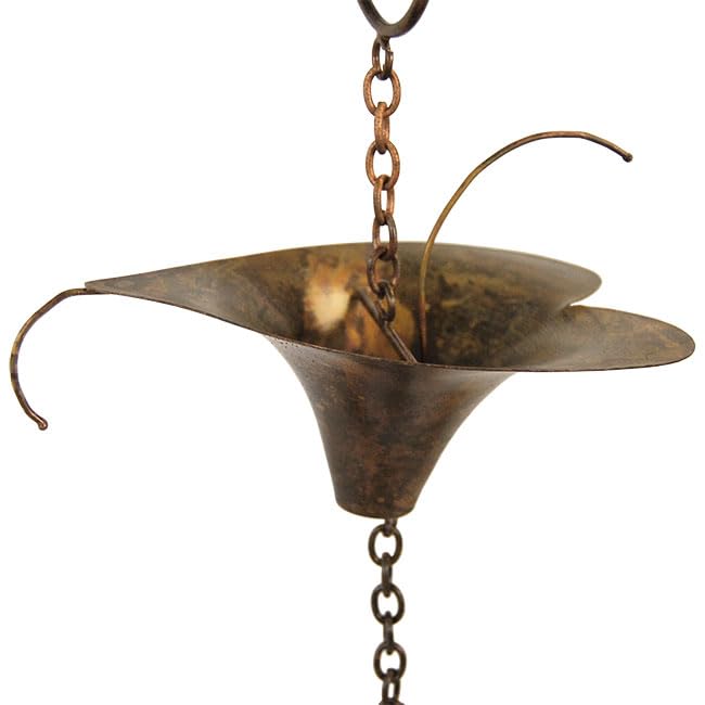 Ancient Graffiti Calla Lilies And Bells Rain Chain – 98" Flamed Copper Colored Steel Rain Chain For Gutters