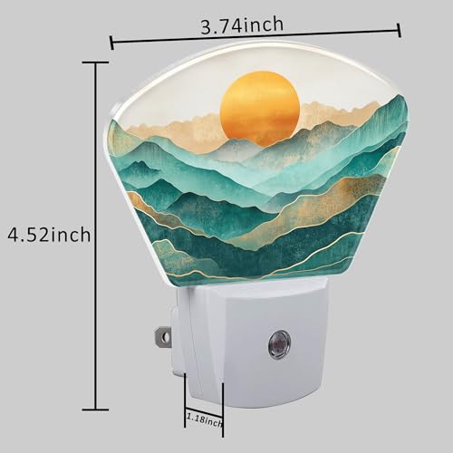 Image of Abstract Golden Sun Plug in Night Lights, Green Mountains Nightlight Plug Into Wall Dusk to Dawn Sensor for Kid Girls Boys Women Men Room, Hallway, Kitchen, Bathroom, Stairs Decor