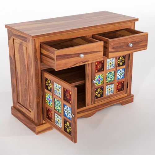 Image of Sheesham Wood Sideboard and Cabinets | Wooden Side Board Small Cabinet with Multicolor Tiles for Living Room | Free Standing Cabinet with 2 Drawers & 2 Door Storage | Natural Finish