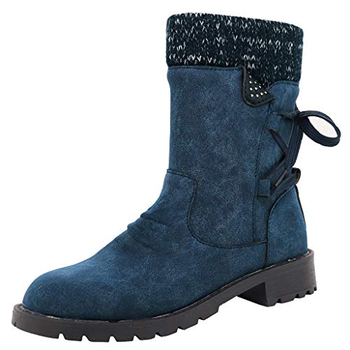Botas de invierno para mujer, otoño e invierno, botas de nieve cálidas, botines forrados con cordones, cómodas y suaves, botas de algodón, botas de algodón retro, con tacones gruesos, azul, 42 EU