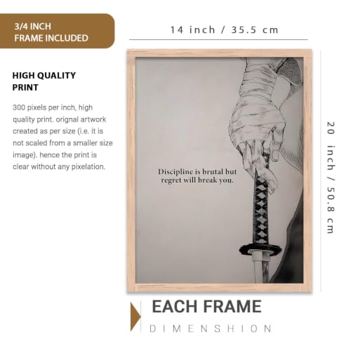 Image of kotart Japanese Samurai Motivational Art Wall Framed Posters | Aesthetic Japanese Theme Framed Poster for Living Room Bedroom Gaming Room Studio Wall Decor Set Of 3 (14x20 Inch)