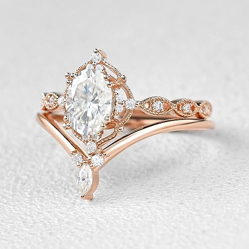 1.0 CT Center Oval Cut Moissanite Wedding Ring Sets for Women 10K 14K 18K Gold Ring Platinum Plated 2pcs Inspired V Shaped Bridal Ring Sets for Her3