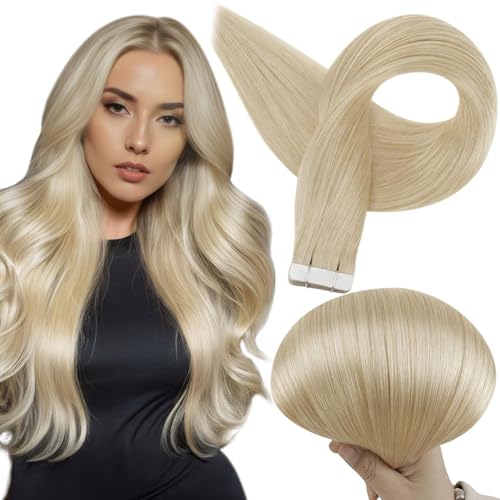 Image of Full Shine Tape in Hair Extensions 12Inch Double Sided Hair Extensions Tape in Color 613 Bleach Blonde Skin Weft Tape in Extensions Real Human Hair Extensions 30 Gram Seamless Tape Extensions