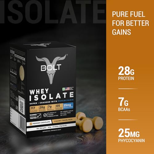 Image of Bolt 100% Whey Protein Isolate Powder | 5 Sachet Travel Pack (5x33g) | Piedmont Chocolate | 28g Protein per Serving | 7g BCAA | Muscle Support & Recovery | No Added Sugar | Gluten-Free | Easy to digest