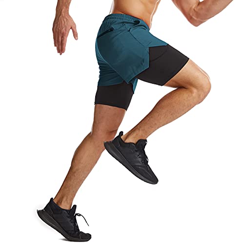 Surenow Mens 2 In 1 Running Shorts Quick Dry Athletic Shorts With Liner, Workout Shorts With Zip Pockets And Towel Loop (Peacock Blue, Medium) #TOP5