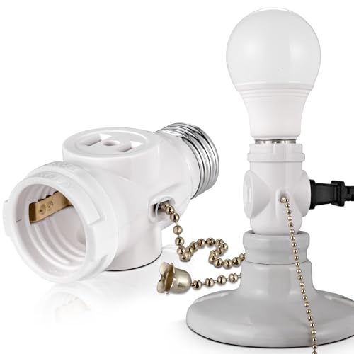 2-pack e26 light socket adapter - converts medium screw socket to two outlets with pull chain switch - ul listed white