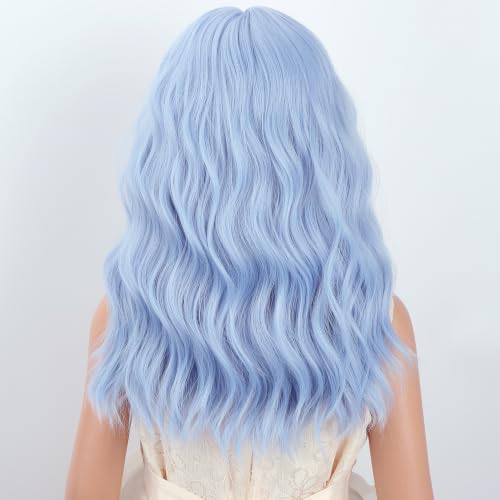 Image of Kids Blue Wig Girls Short Blue Wavy Curly Wigs Child Wig with Air Bangs Synthetic Cosplay Hair Wigs