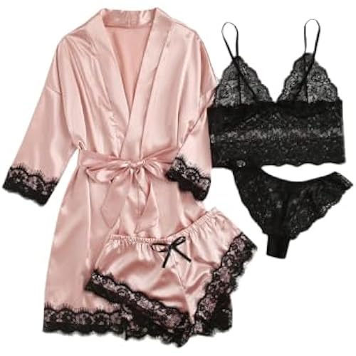 WDIRARA Women's Silk Satin 4pcs Pajamas Set Sleepwear with Robe