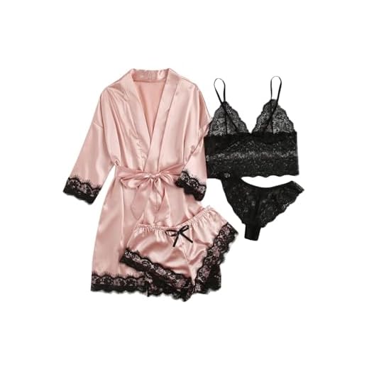 WDIRARA Women' Silk Satin Pajamas Set 4pcs Lingerie Floral Lace Cami Sleepwear with Robe Pink S