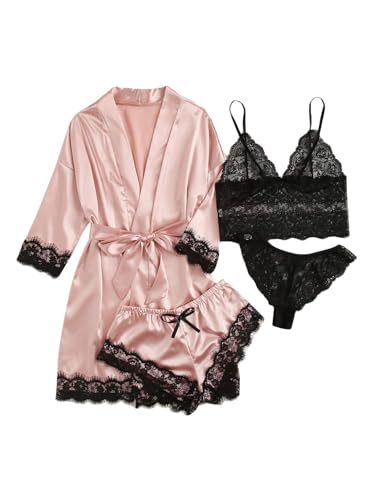 SOLY HUX Women's Satin Pajama Set 4pcs Floral Lace Trim Cami Lingerie Sleepwear with Robe Pink X-Small