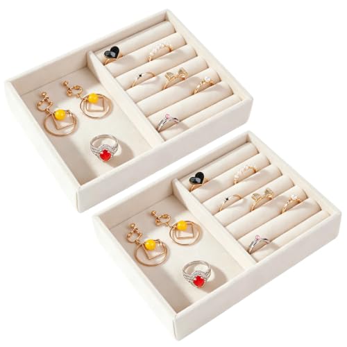 Paquete de 2 bandejas de joyería para cajón, 15,6 x 12 x 2,5 cm, organizador de almacenamiento con forro de franela de terciopelo para anillos, aretes, pulseras, bandeja apilable para dormitorio Paquete de 2 bandejas de joyería para cajón, 15,6 x 12 x 2,5 cm, organizador de almacenamiento con forro de franela de terciopelo para anillos, aretes, pulseras, bandeja apilable para dormitorio