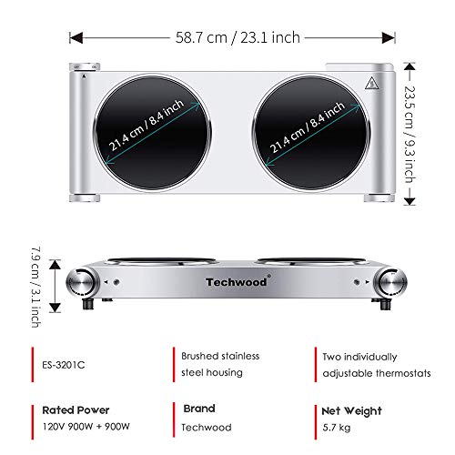 Hot Plate, Techwood 1800W Electric Dual Hot Plate, Countertop Stove Double Burner For Cooking, Infrared Ceramic Hot Plates Double Cooktop, Silver, Brushed Stainless Steel Easy To Clean Upgraded Version #TOP7
