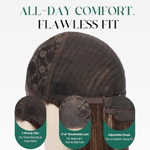 Image of 5x5 Lace Front Wigs for women,Human Hair Blonde Straight Glueless with Free Part & Pre Plucked Natural Hairline 16 Inch(Dark Brown Highlights)