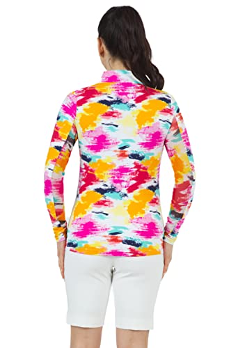 Ibkul Athleisure Wear Sun Protective Upf 50+ Icefil Cooling Tech Matilda Print Long Sleeve Mock Neck Top – 10263 Jade Multi Matilda M #TOP2