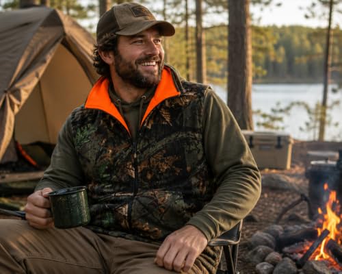 Image of Men's Reversible Camo / Buffalo Red Plaid & Orange Fleece Hunting Vest