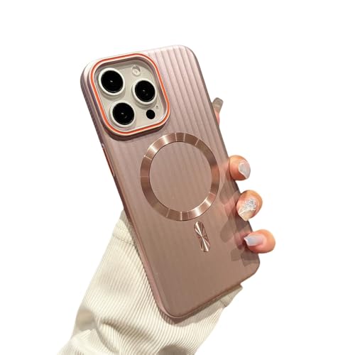 QJJFVMF Plating Metallic Style Corrugated Stripe Luggage Case for iPhone 12 13 14 15 16 Pro Max Wireless Charging Magnetic Cover,Pink,for 16 Pro Max