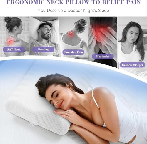 Image of ๐๐ข๐ฆ๐ ๐๐ฅ Memory Foam Pillow, Contour Cervical Orthopedic Memory Foam Pillows Supports Neck Pain and Shoulder Pain for Sleeping, Ergonomic Cervical Neck Support Pillow (C - White)