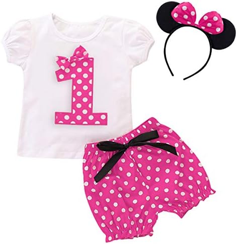 ODASDO Infant Baby Girl 1st First Birthday Cake Smash Outfit Cotton Short Sleeve T-shirt Top Polka Dots Shorts Pants Ear Bowknot Headband 3pcs Clothes Set Photo Props Hot Pink 12-18 Months