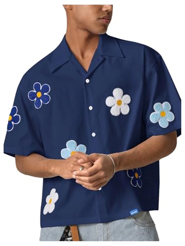 SHENHE Men's Oversized Short Sleeve Button Down Floral Shirt Collared Summer Streetwear Top