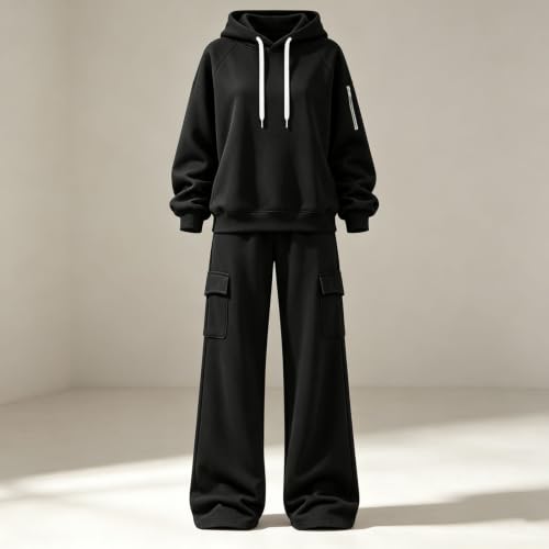 Women Sweatsuits 2 Piece Set Pullover Hoodie and Cargo Sweatpants Tracksuit | Travel Sets for Women 2 Piece, Long Sleeve with Zipper, Wide Leg Hiking Sweat Pants with 4 Pockets, Oversized, Winter Outfits - image 3