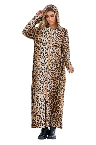 Kasual Women's Hooded Zipper Bathrobe Long Housecoat Sweatshirt Soft Robe Long Sleeve Loungewear Nightgown with Pockets
