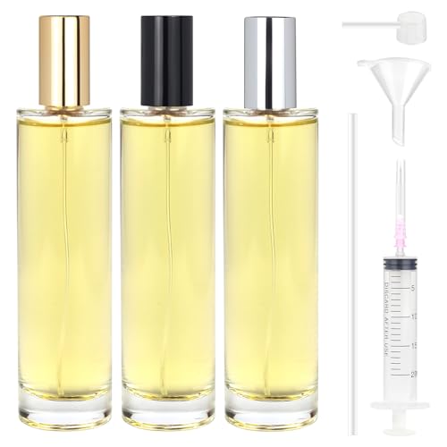 Samulee 3 peças atomizador de perfume recarregável de vidro 100 ml, perfume recarregáveis de vidro, frasco em spray pulverizador para viagens e presentes, com tampas douradas, prateado e preto)