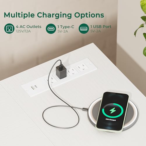 Image of Huuger L Shaped Office Desk with Power Outlets & 3 Drawers | 55 Inch Computer Desk with Shelves, Reverisble for Gaming Corner Work Home Office Study, White