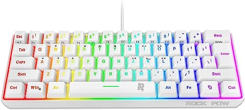 ROCK POW 60% Wired Gaming Keyboard, 61 Keys RGB Backlit Wrist Rest Ultra-Compact Mini Waterproof Keyboard for PC Computer Gamer (White)