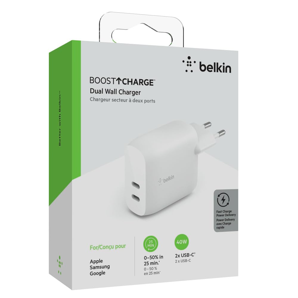 Belkin Caricabatterie Doppio USB-C Da 65W Con Cavo Incluso – GaN, PD 3.0, Ricarica Veloce Per IPhone, MacBook, Galaxy E Nintendo Switch