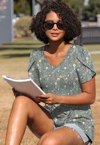 Image of CATHY 2026 Women Tops Summer Short Sleeve Tunic V Neck T-Shirts Loose Casual Floral Blouse S-4XL